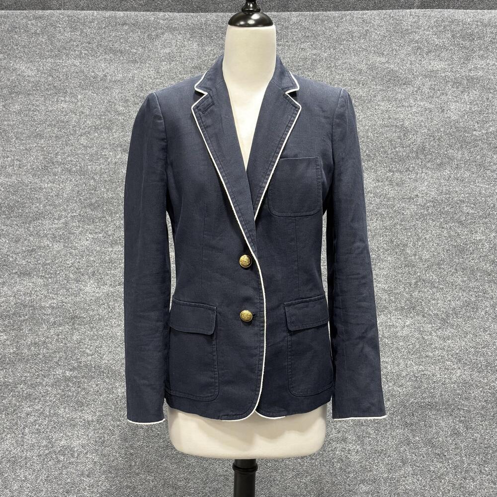 J.Crew Blazer Womens 8 Navy Linen Piped Trim Gold Button Notch Lapel Jacket
